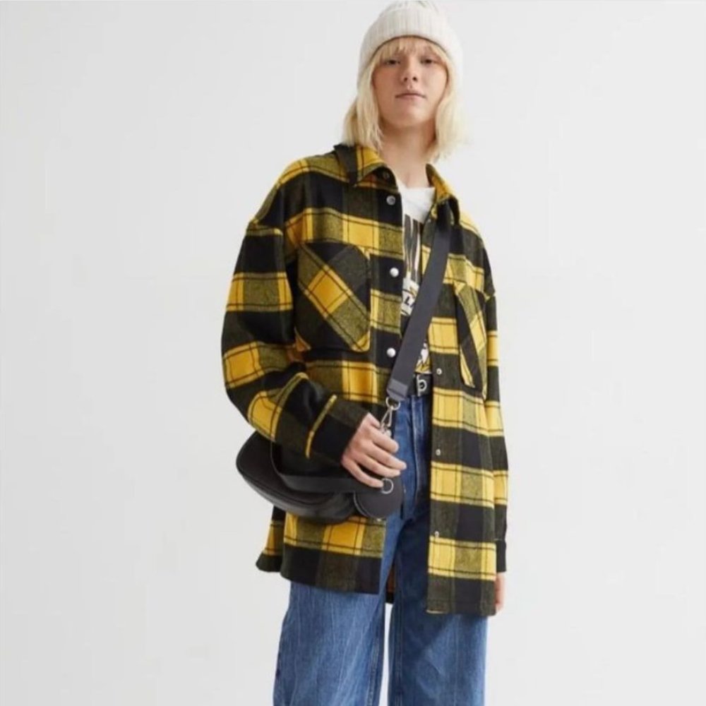 DIVIDED H&M Womens Oversized Small Button Down Shirt Jacket Yellow Black Plaid